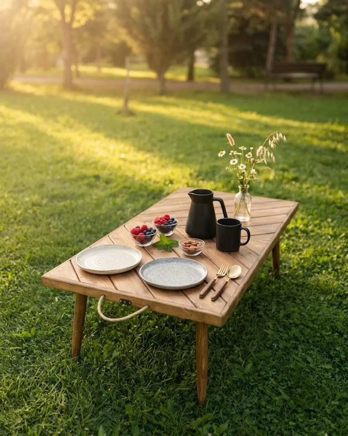 Folding Wooden Picnic Table – Portable Low Table 44x22 Inch Handmade