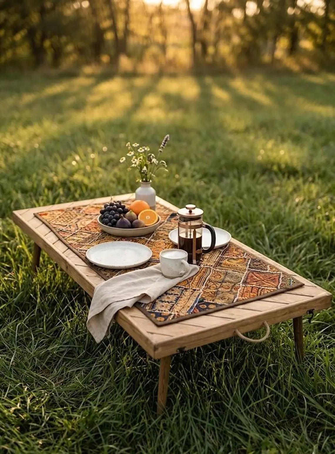 Folding Wooden Picnic Table – Portable Low Table 44x22 Inch Handmade