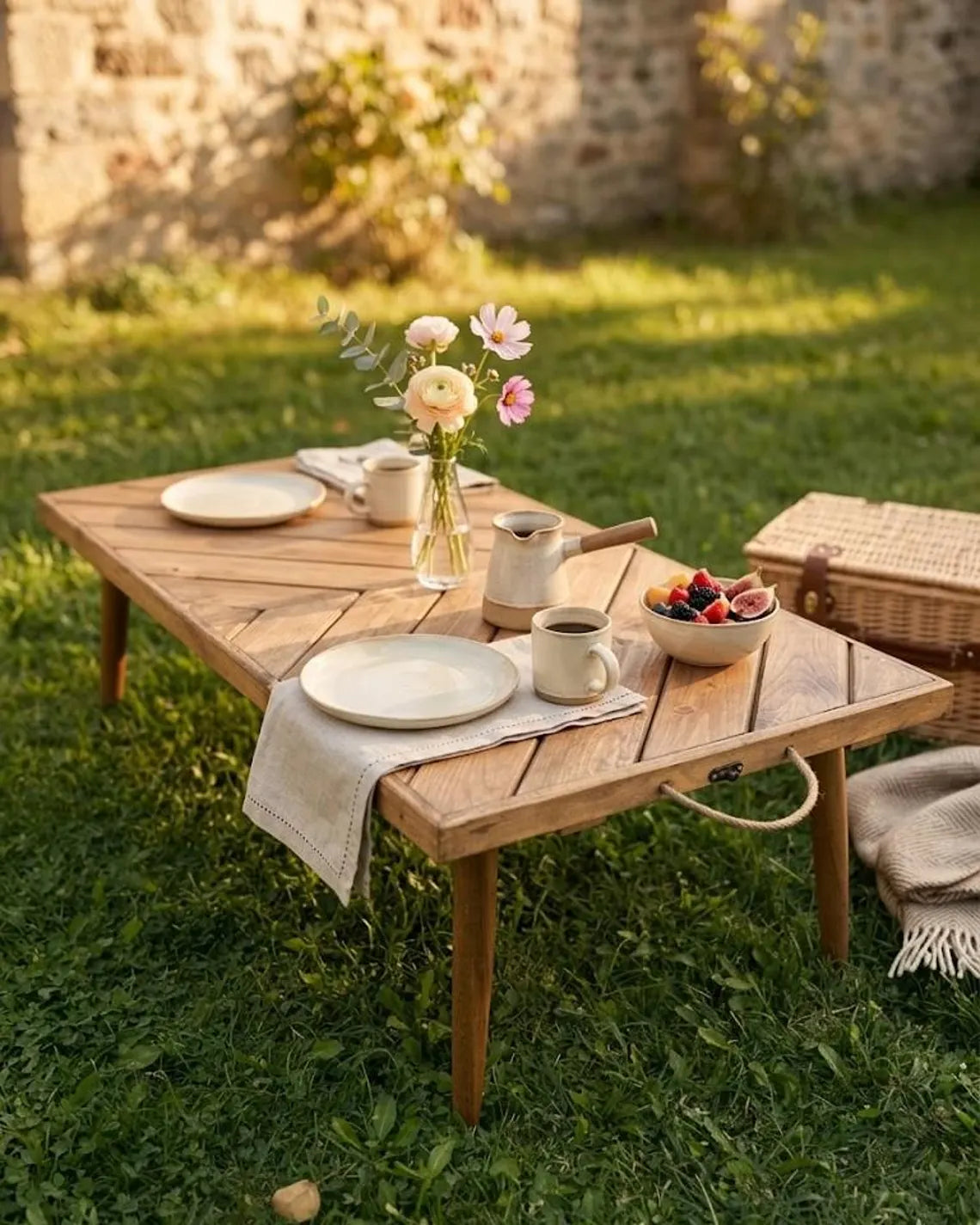 Folding Wooden Picnic Table – Portable Low Table 44x22 Inch Handmade