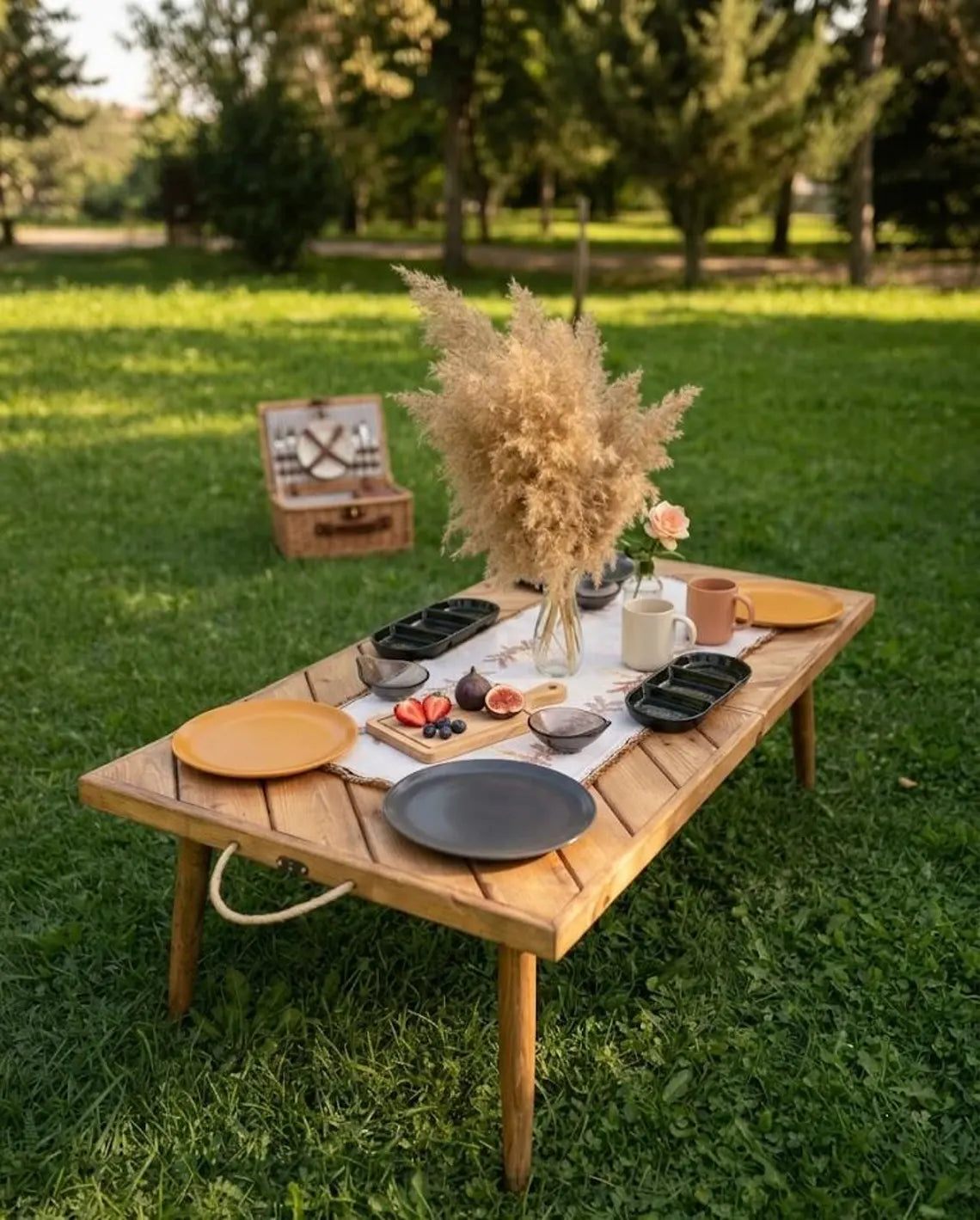 Folding Wooden Picnic Table – Portable Low Table 44x22 Inch Handmade