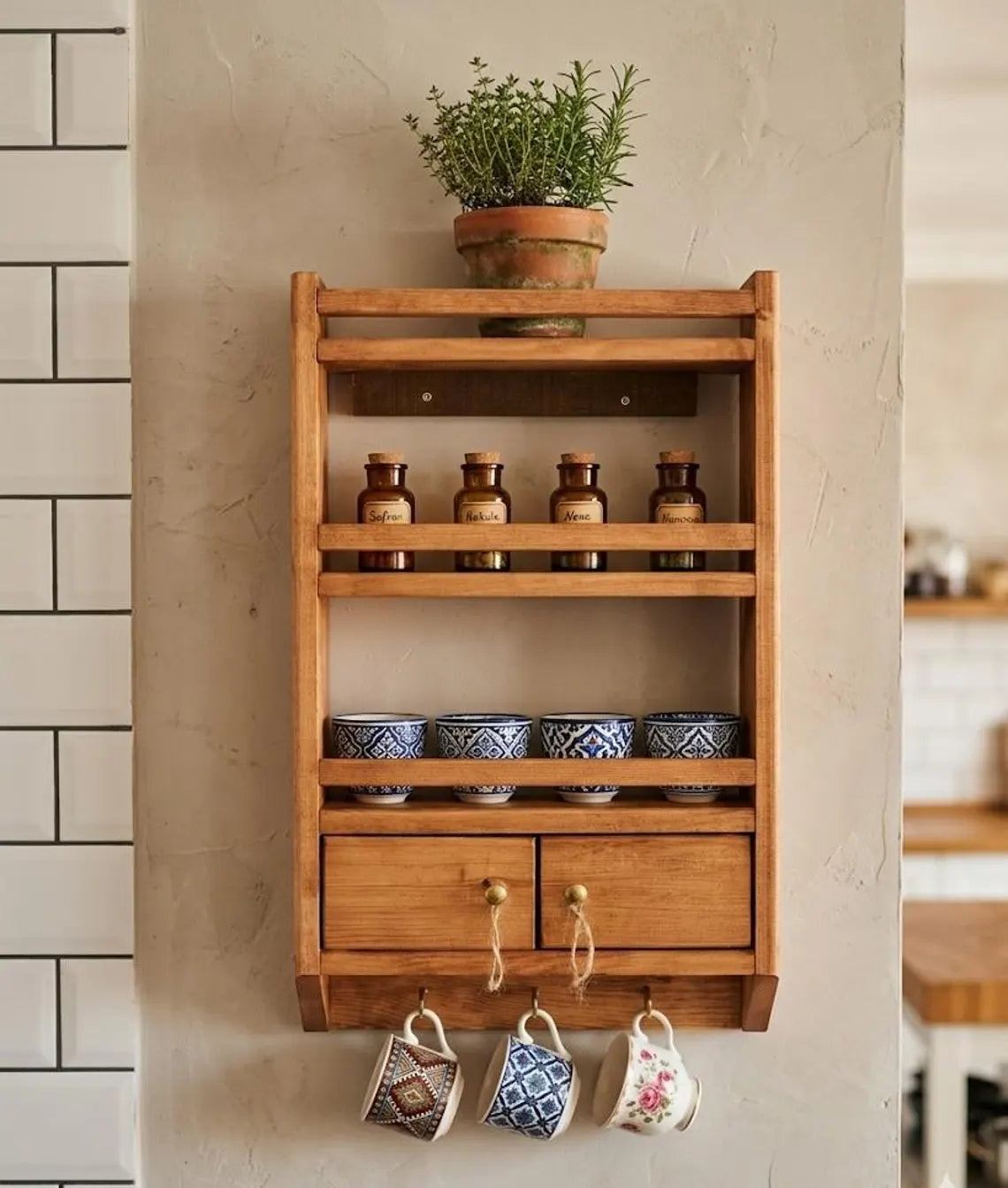 Wooden Spice Rack Wall Mounted Kitchen Organizer Shelf Large 23.6x14.2 Inch Deep Storage