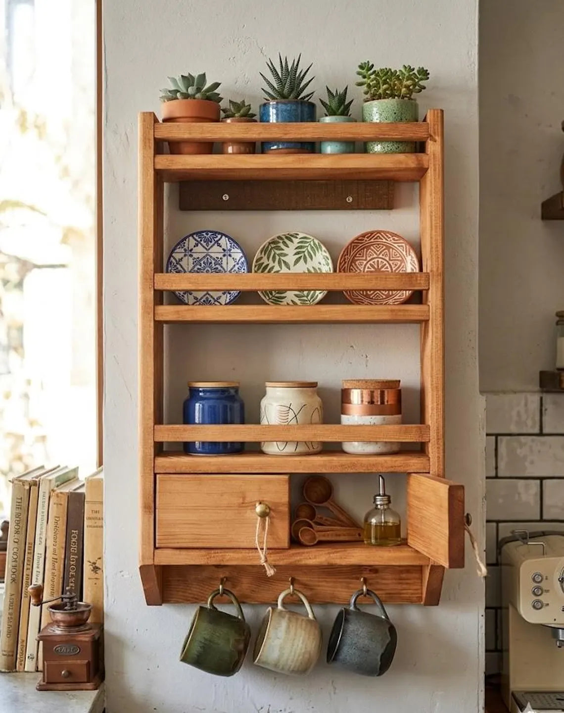 Wooden Spice Rack Wall Mounted Kitchen Organizer Shelf Large 23.6x14.2 Inch Deep Storage