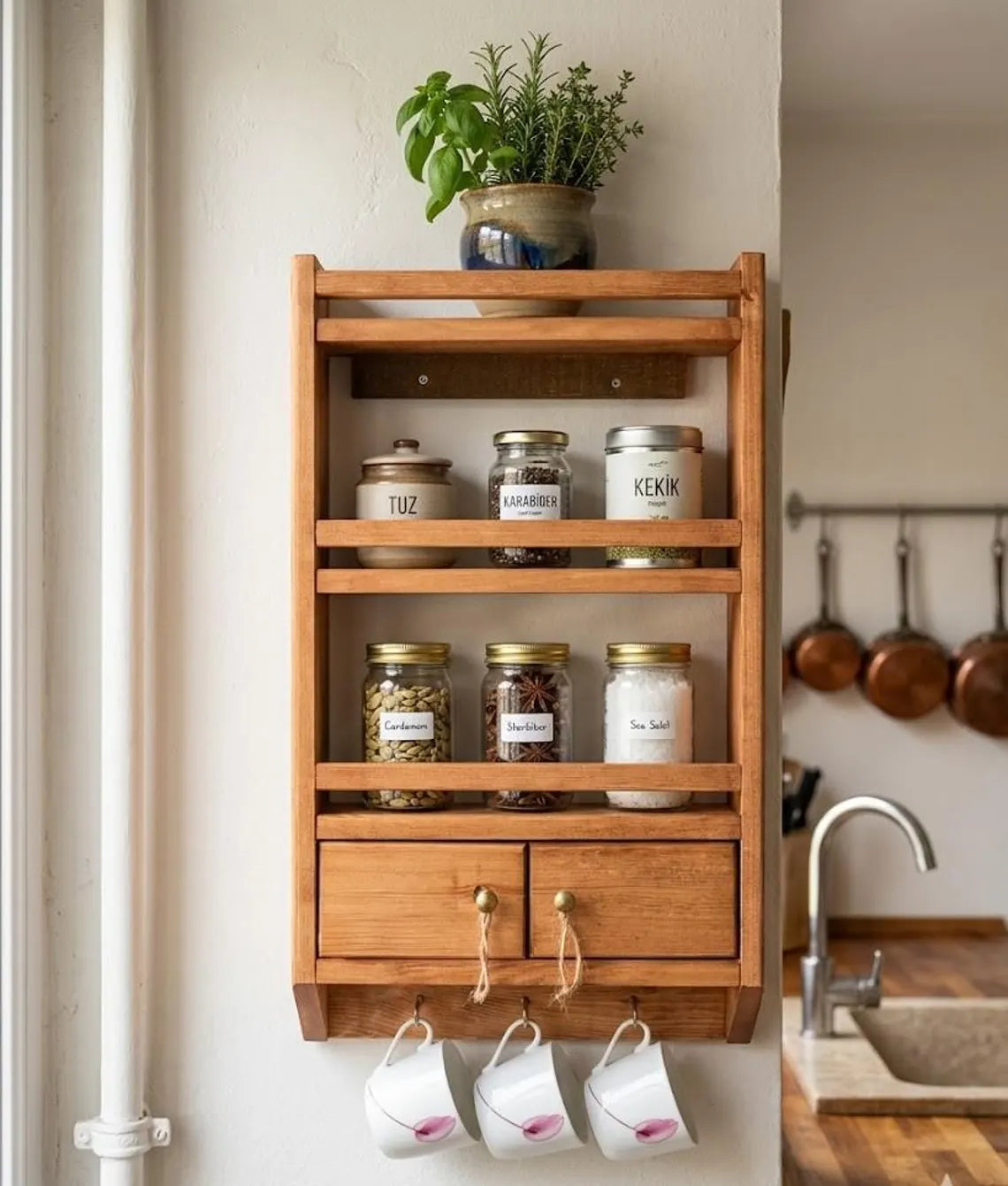 Wooden Spice Rack Wall Mounted Kitchen Organizer Shelf Large 23.6x14.2 Inch Deep Storage