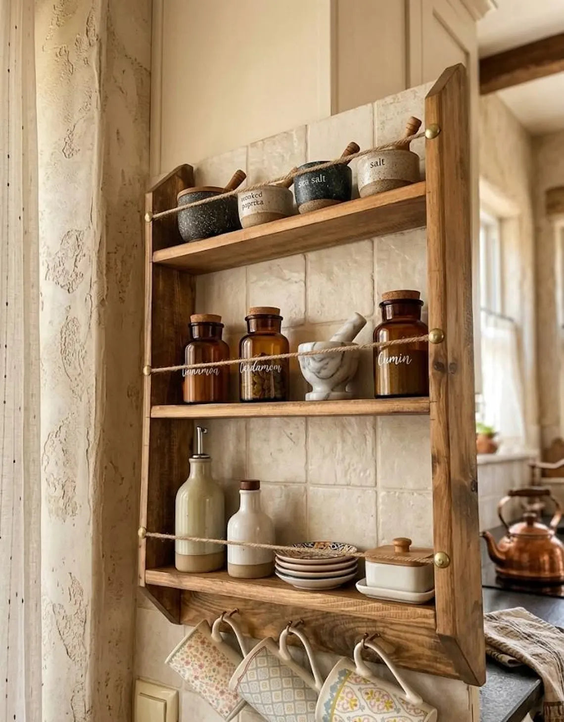 Large Wooden Spice Rack Wall Mounted Kitchen Shelf Organizer 27.6x15.7 Inch Deep Storage