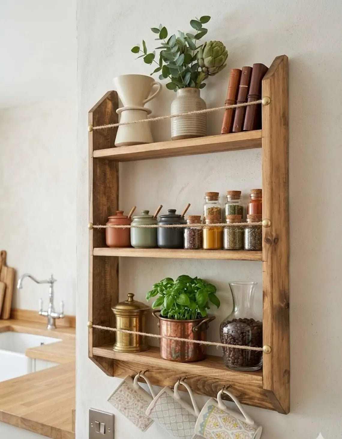 Large Wooden Spice Rack Wall Mounted Kitchen Shelf Organizer 27.6x15.7 Inch Deep Storage