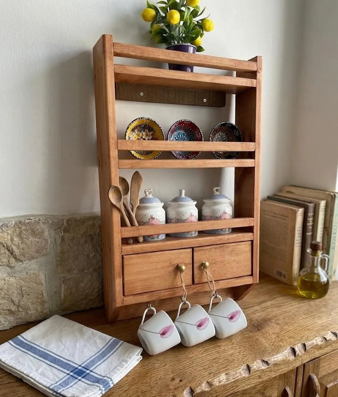 Wooden Spice Rack Wall Mounted Kitchen Organizer Shelf Large 23.6x14.2 Inch Deep Storage