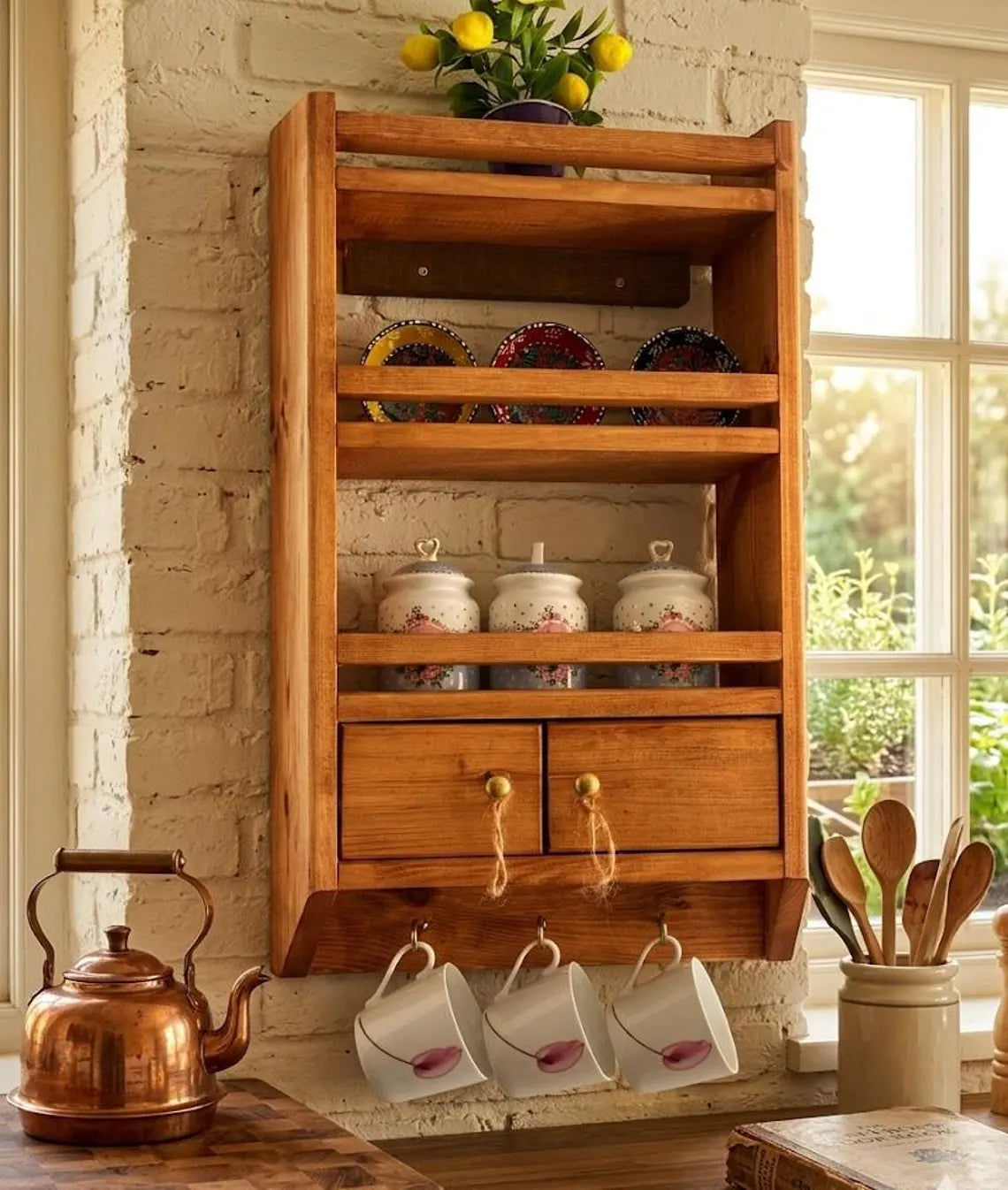 Wooden Spice Rack Wall Mounted Kitchen Organizer Shelf Large 23.6x14.2 Inch Deep Storage