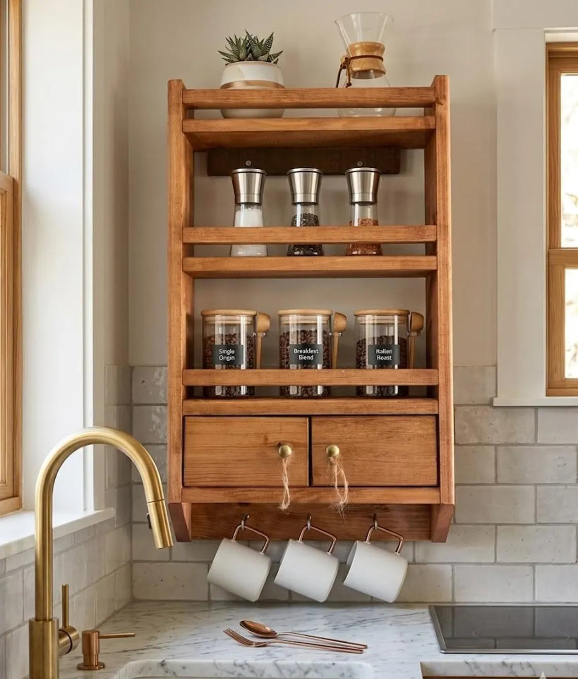 Wooden Spice Rack Wall Mounted Kitchen Organizer Shelf Large 23.6x14.2 Inch Deep Storage