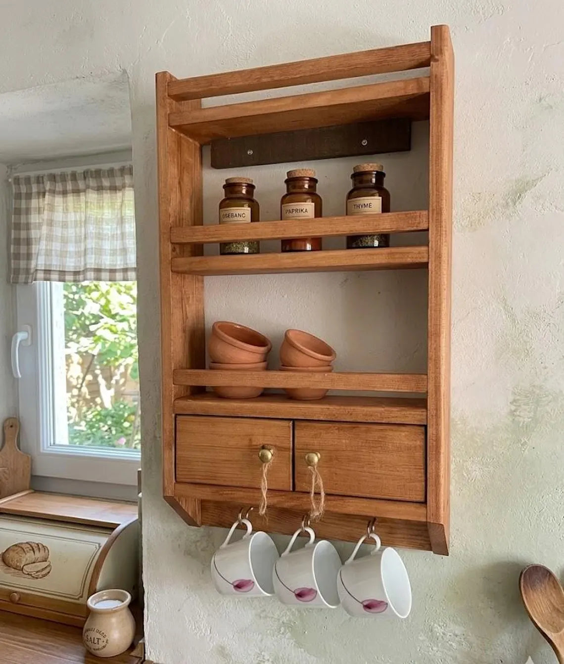 Wooden Spice Rack Wall Mounted Kitchen Organizer Shelf Large 23.6x14.2 Inch Deep Storage