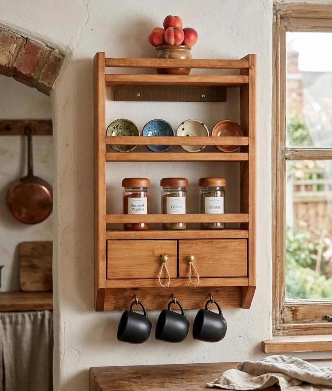 Wooden Spice Rack Wall Mounted Kitchen Organizer Shelf Large 23.6x14.2 Inch Deep Storage