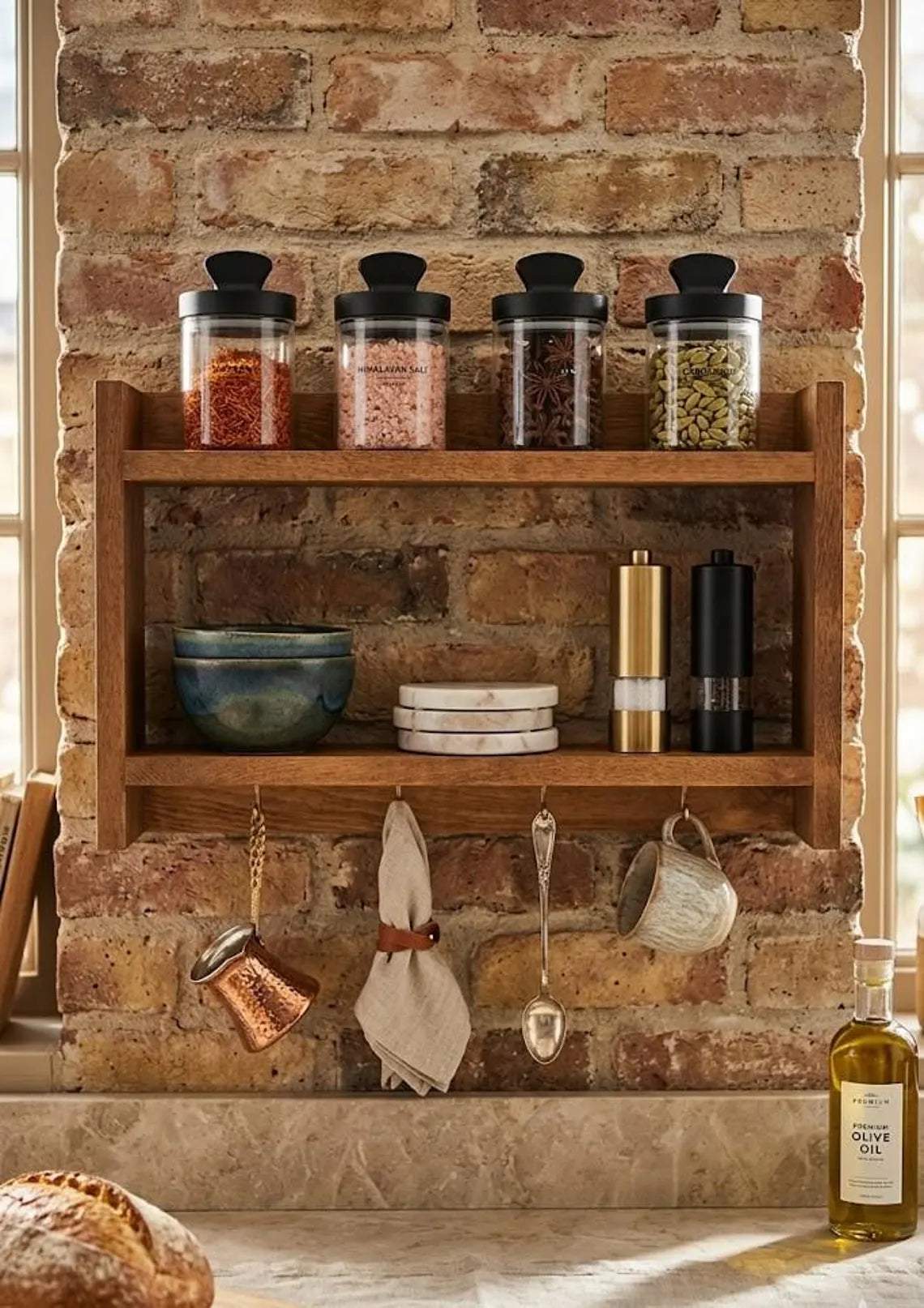 Wooden Spice Rack with Mug Hooks, Wall Organizer, 19.7 x 11.8 Inches