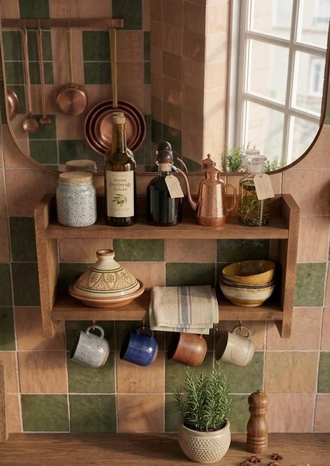 Wooden Spice Rack with Mug Hooks, Wall Organizer, 19.7 x 11.8 Inches
