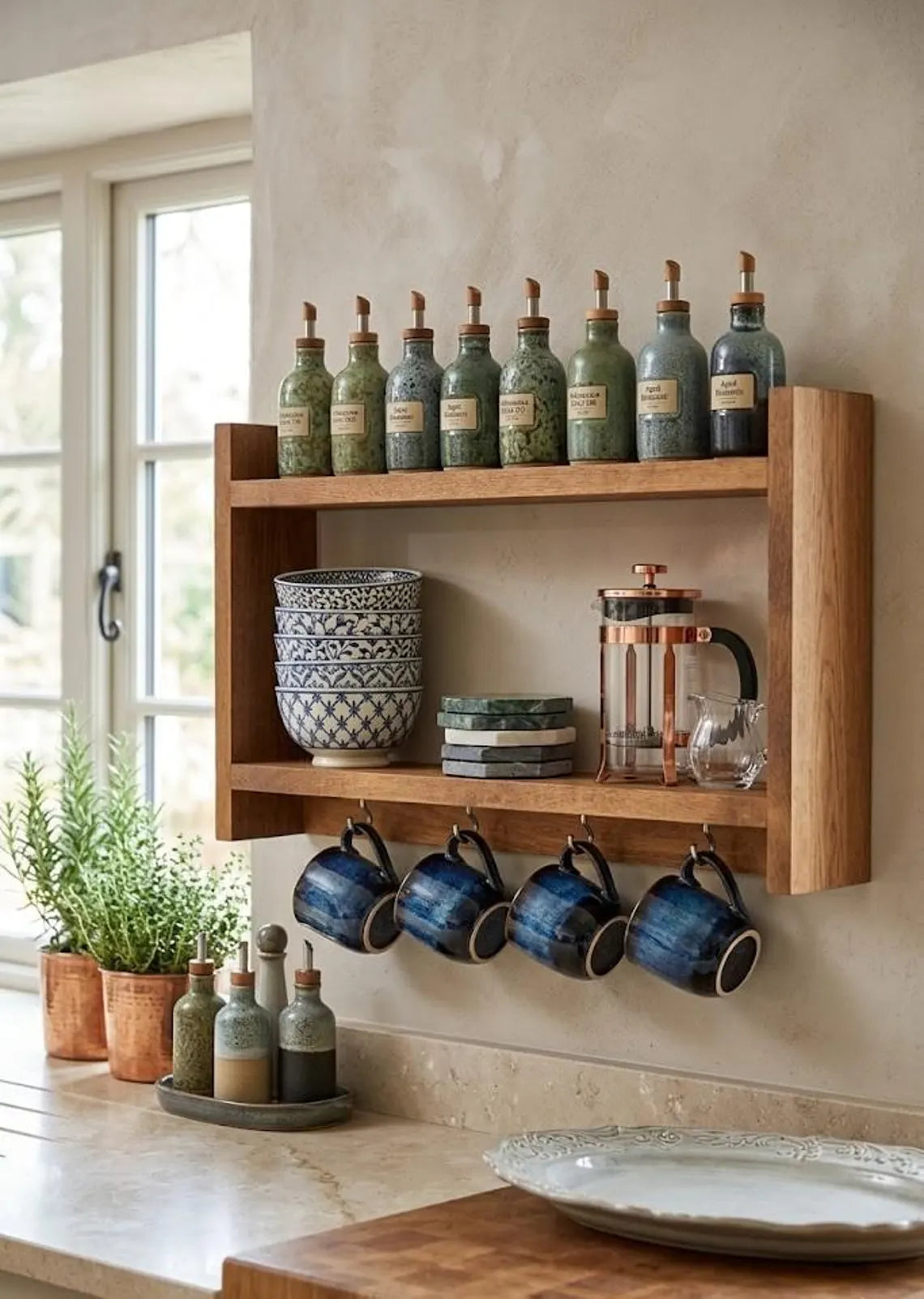 Wooden Spice Rack with Mug Hooks, Wall Organizer, 19.7 x 11.8 Inches