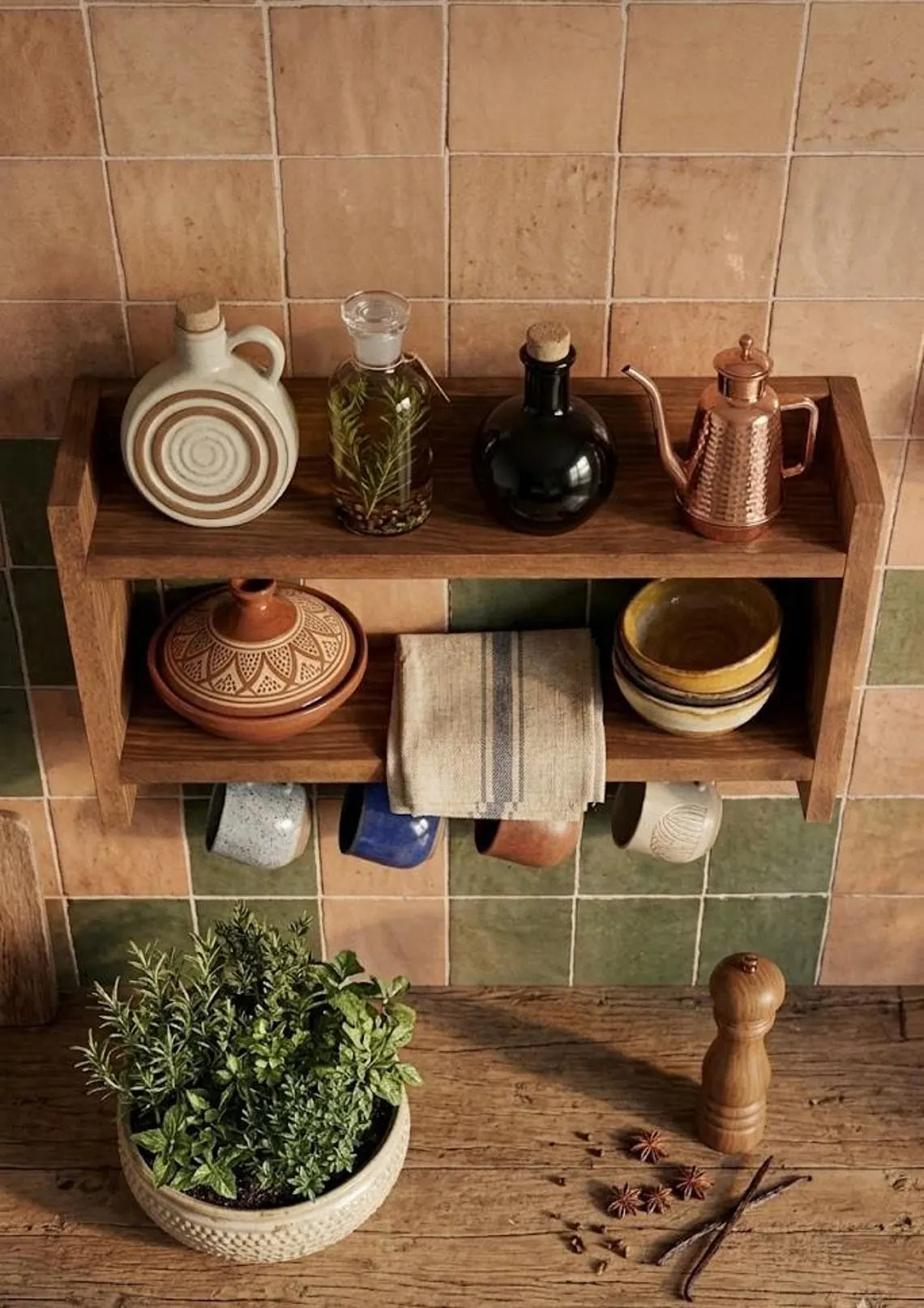 Wooden Spice Rack with Mug Hooks, Wall Organizer, 19.7 x 11.8 Inches
