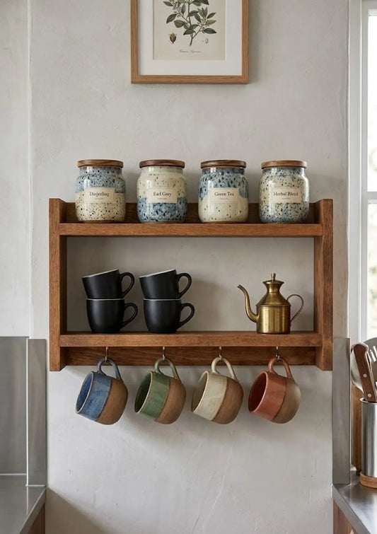 Wooden Spice Rack with Mug Hooks, Wall Organizer, 19.7 x 11.8 Inches