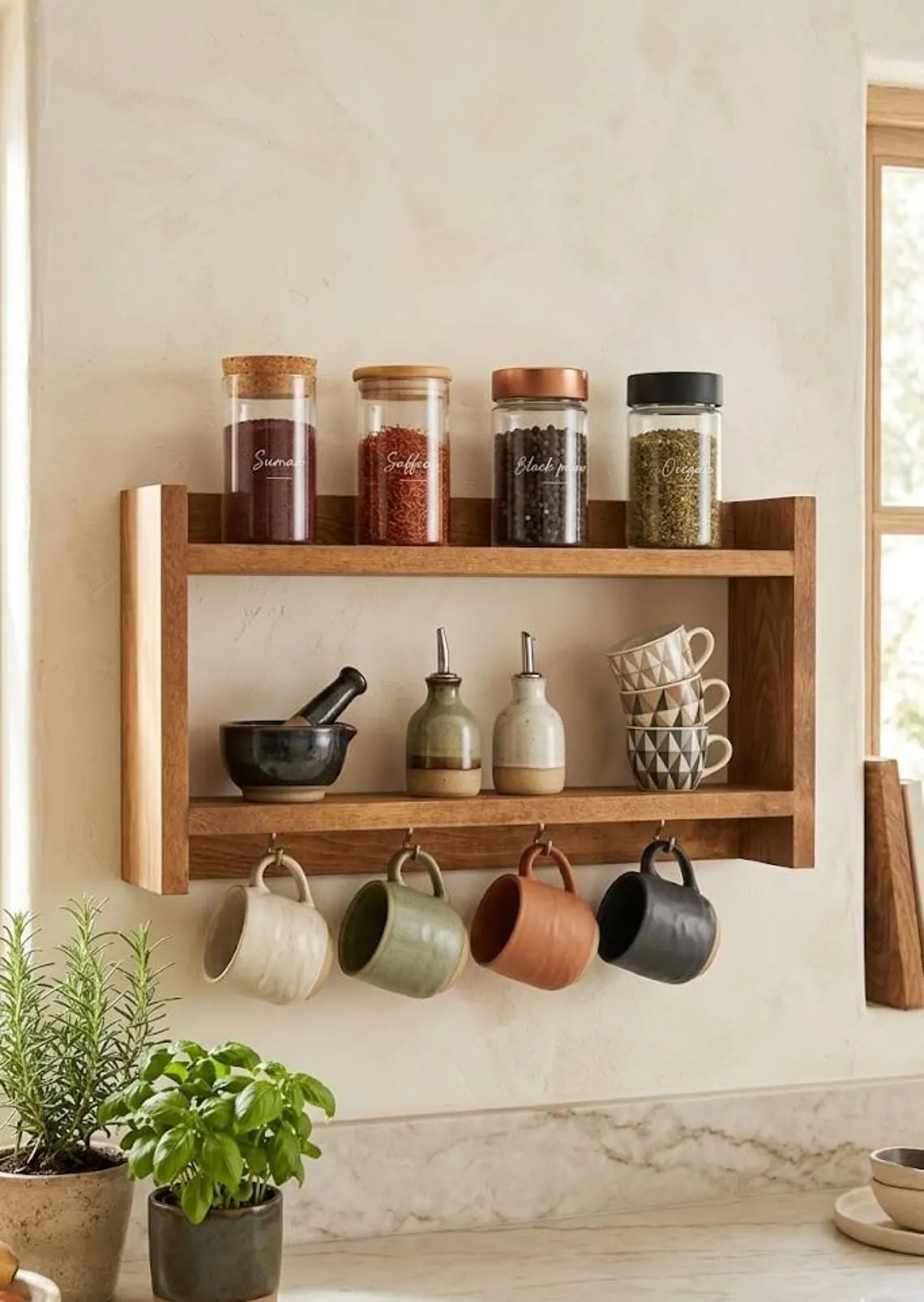 Wooden Spice Rack with Mug Hooks, Wall Organizer, 19.7 x 11.8 Inches
