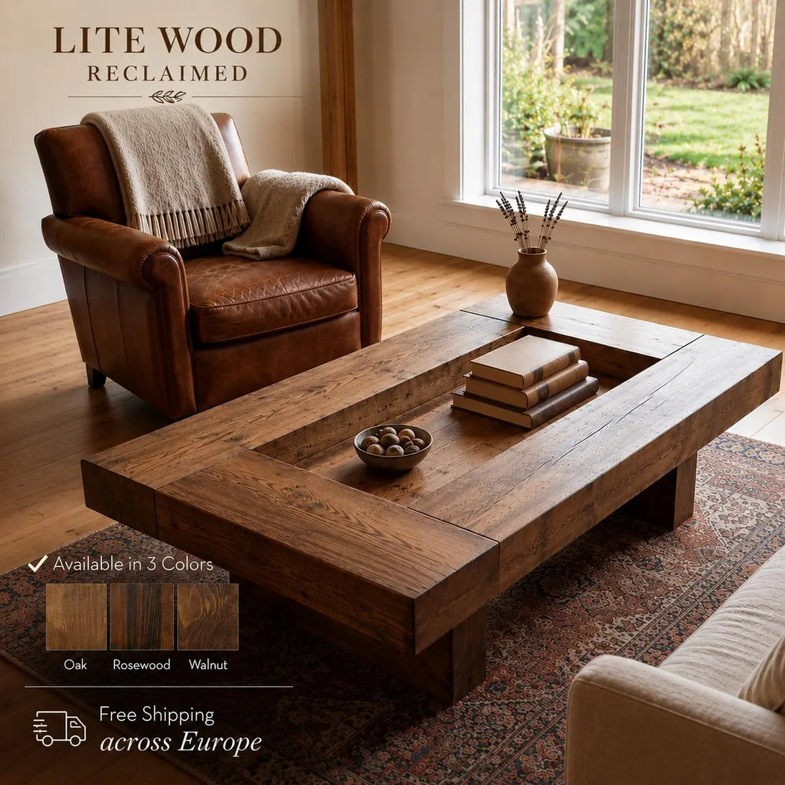 Handmade Solid Wood Coffee Table. Modern, Rustic Design for Living Room. Custom Color & Size.
