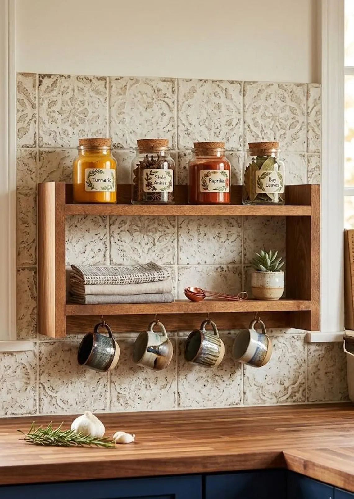 Wooden Spice Rack with Mug Hooks, Wall Organizer, 19.7 x 11.8 Inches