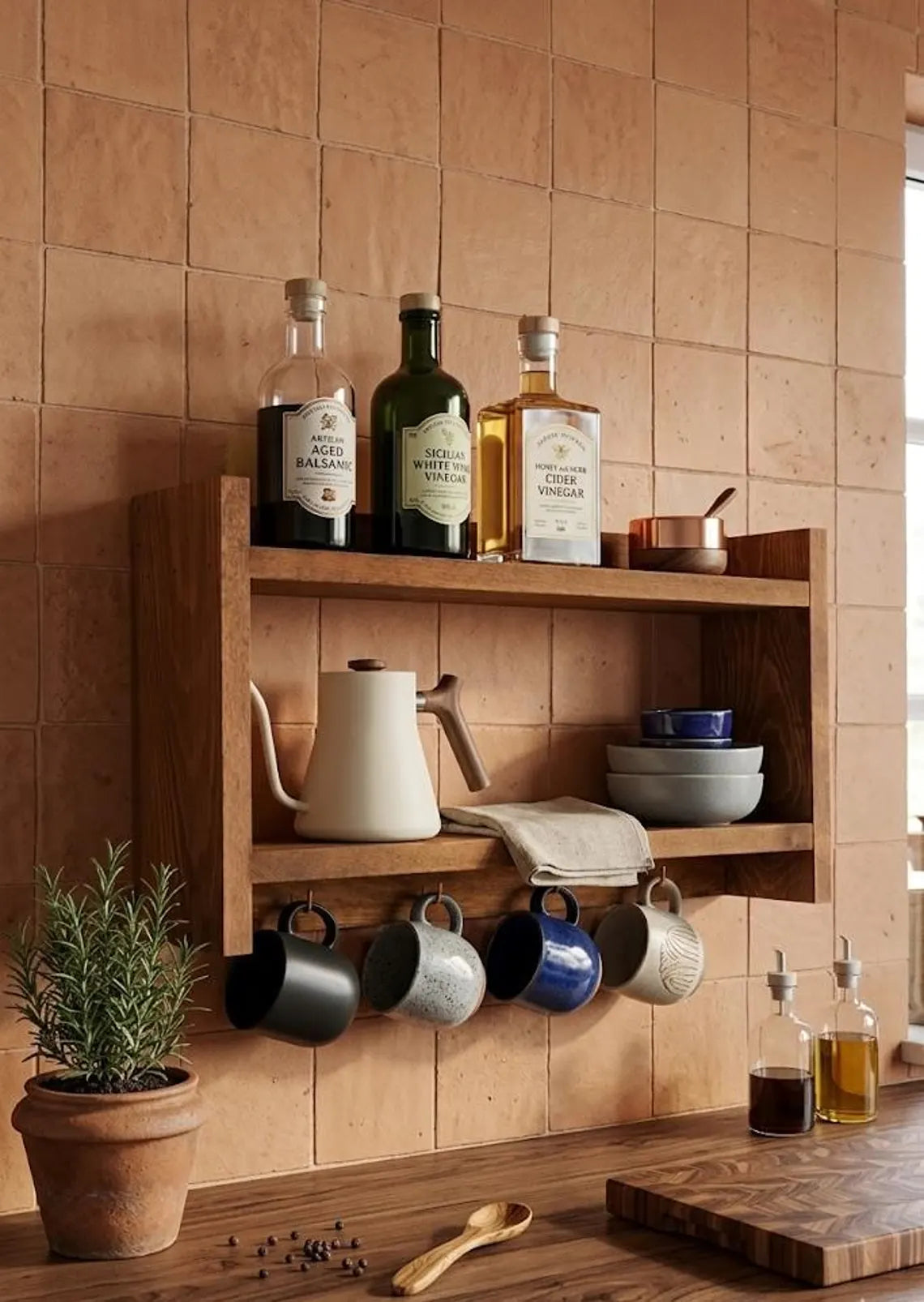 Wooden Spice Rack with Mug Hooks, Wall Organizer, 19.7 x 11.8 Inches