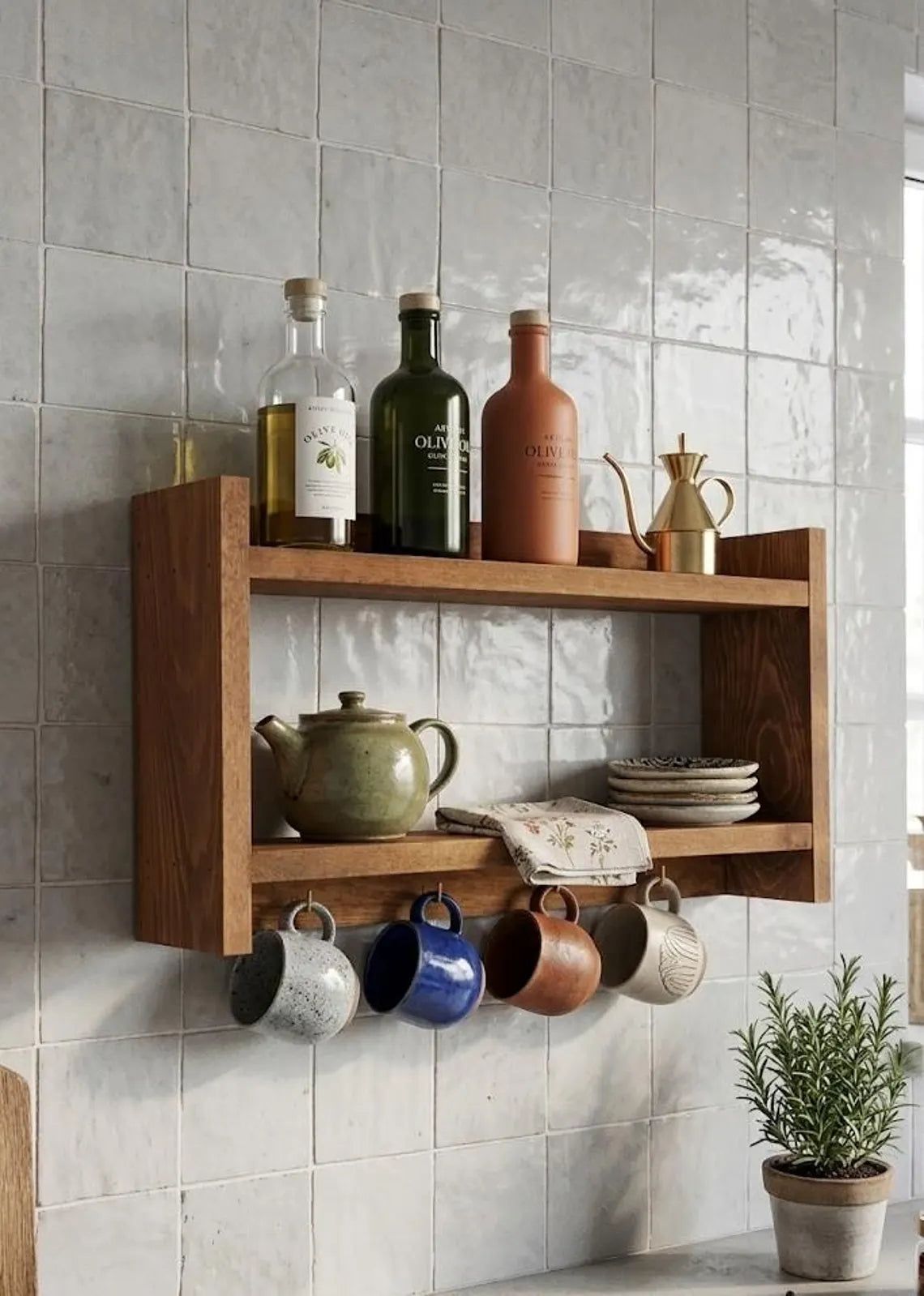 Wooden Spice Rack with Mug Hooks, Wall Organizer, 19.7 x 11.8 Inches