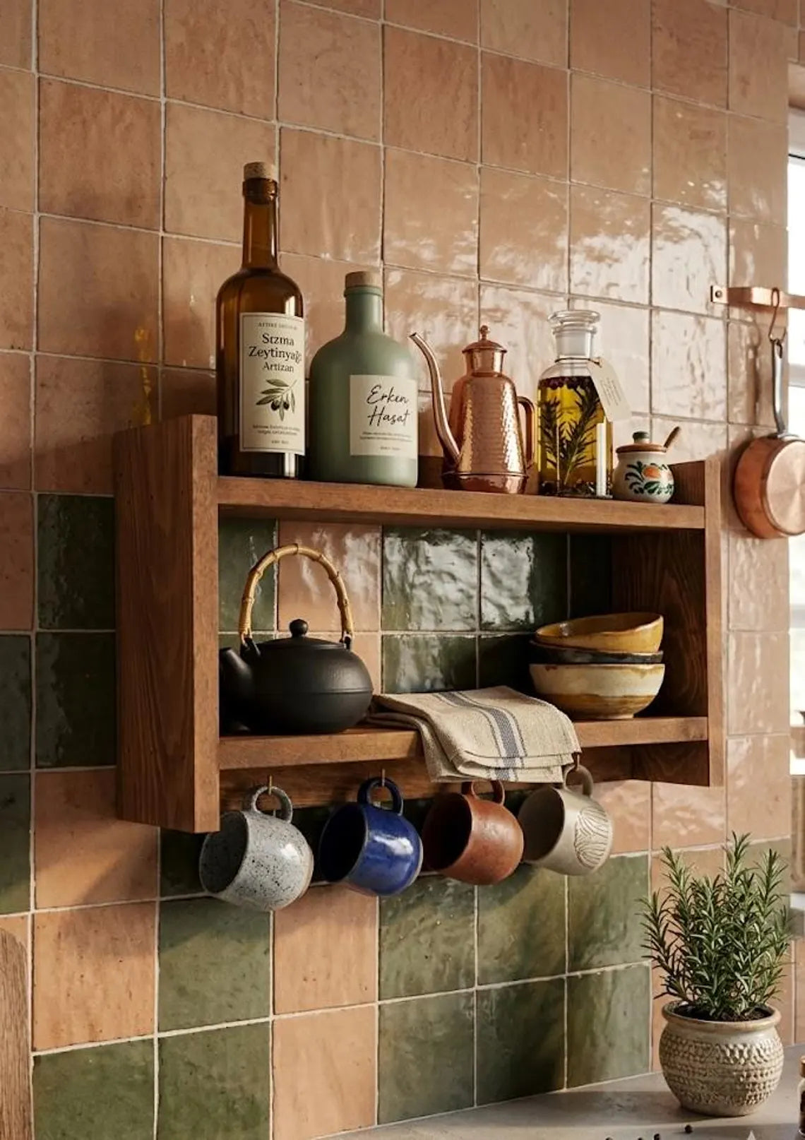 Wooden Spice Rack with Mug Hooks, Wall Organizer, 19.7 x 11.8 Inches