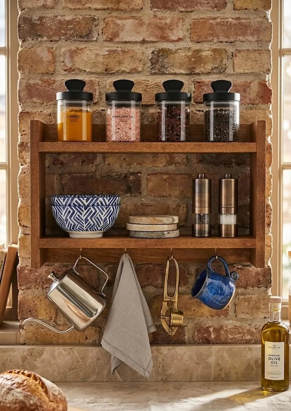 Wooden Spice Rack with Mug Hooks, Wall Organizer, 19.7 x 11.8 Inches