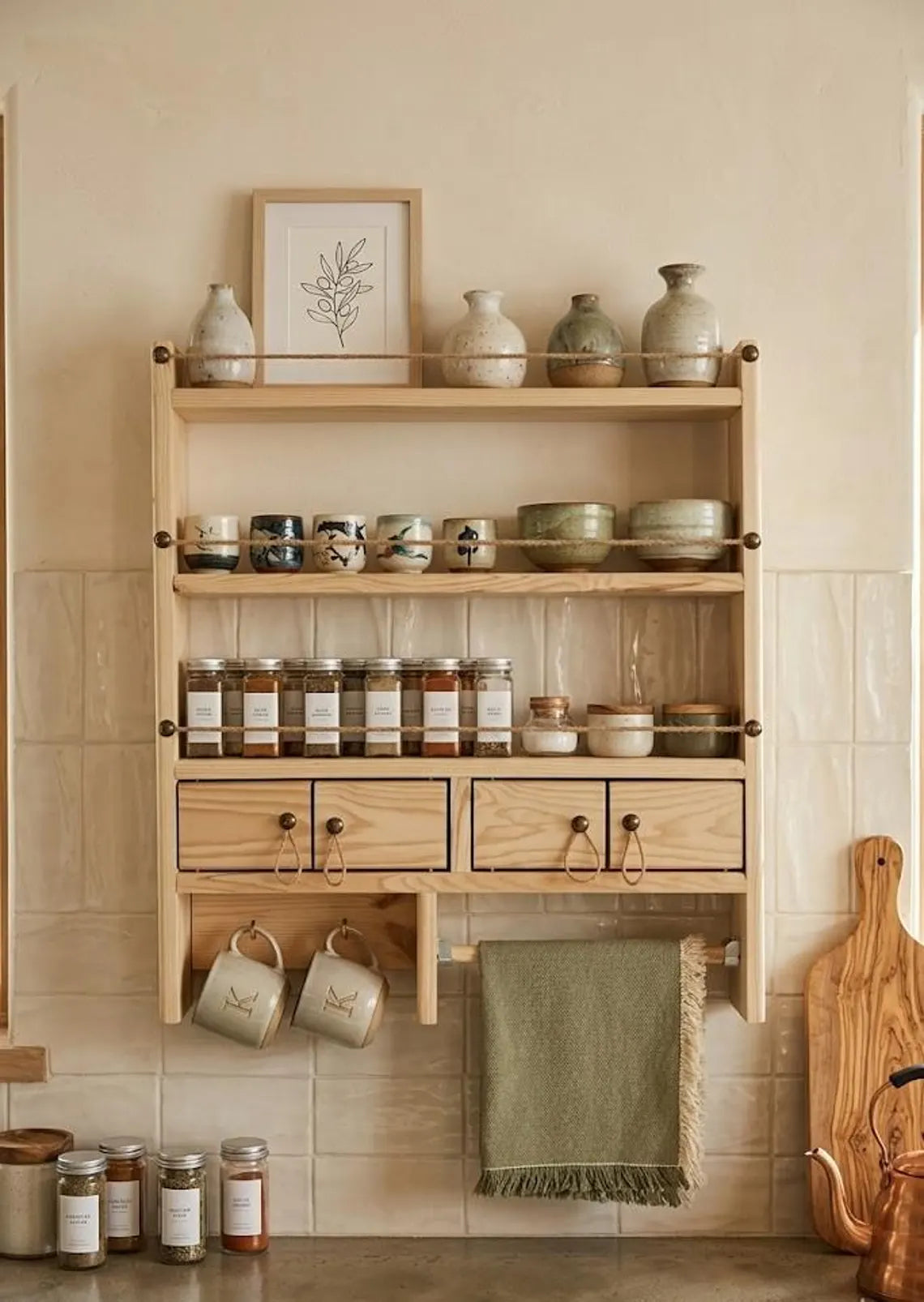Farmhouse Spice Rack Wall Shelf with Drawers and Mug Holder