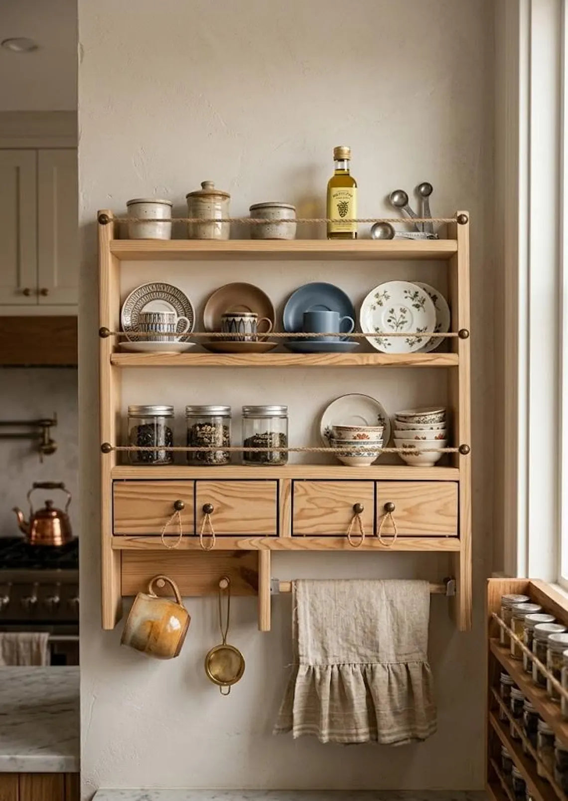 Farmhouse Spice Rack Wall Shelf with Drawers and Mug Holder