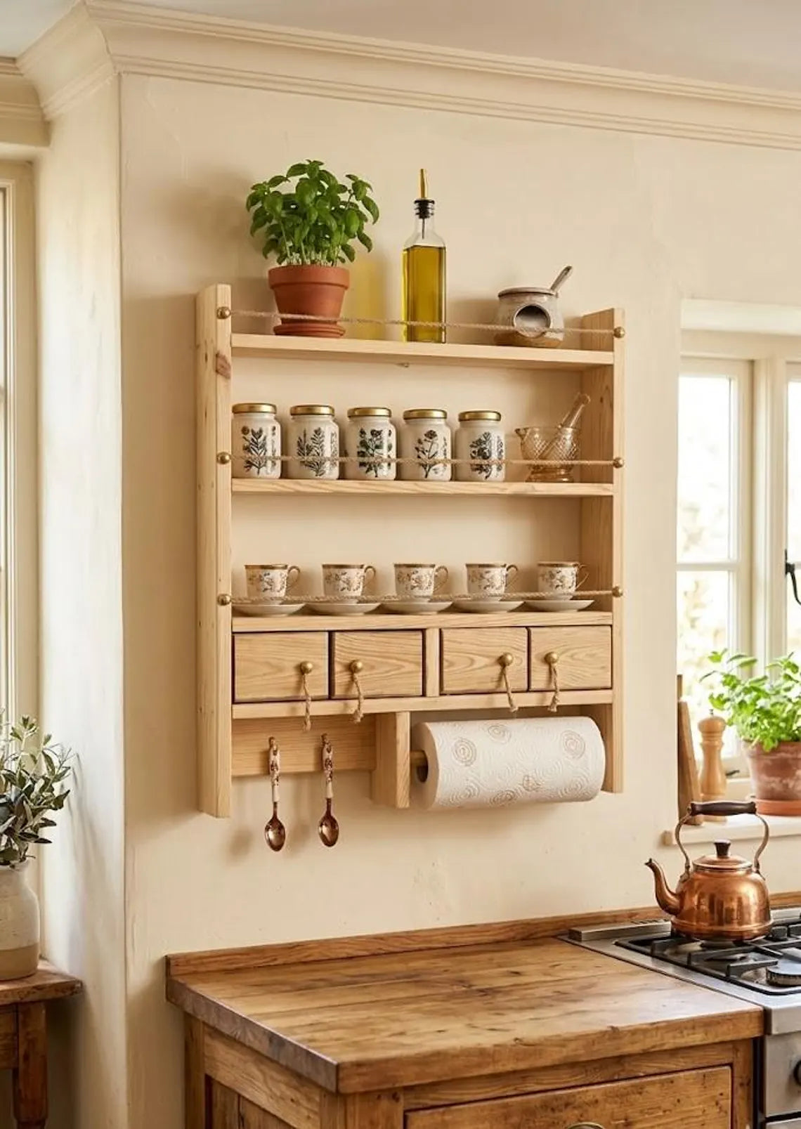 Farmhouse Spice Rack Wall Shelf with Drawers and Mug Holder