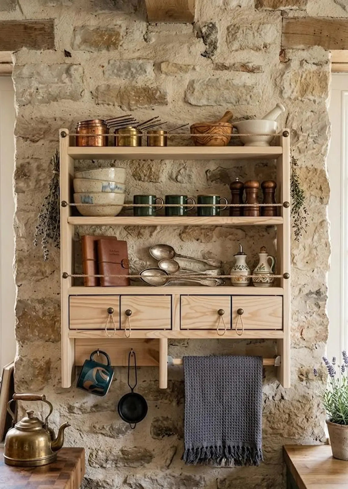 Farmhouse Spice Rack Wall Shelf with Drawers and Mug Holder