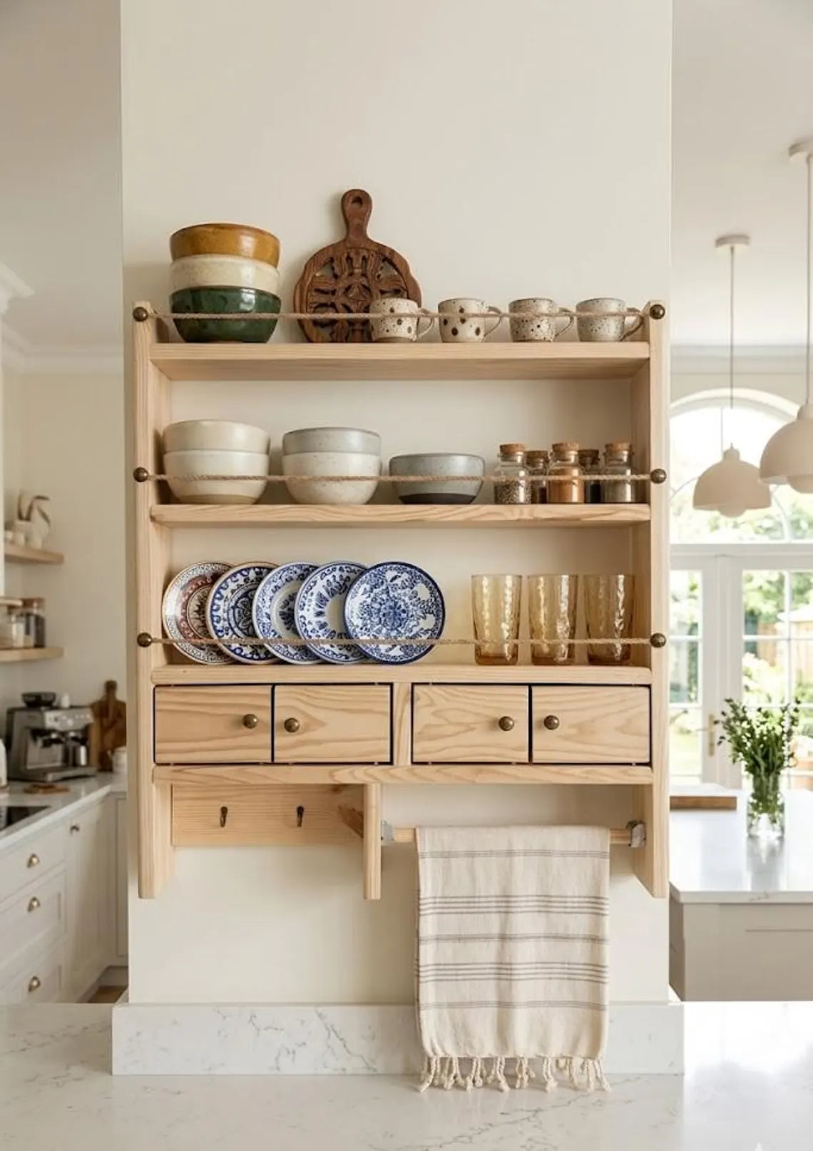 Farmhouse Spice Rack Wall Shelf with Drawers and Mug Holder