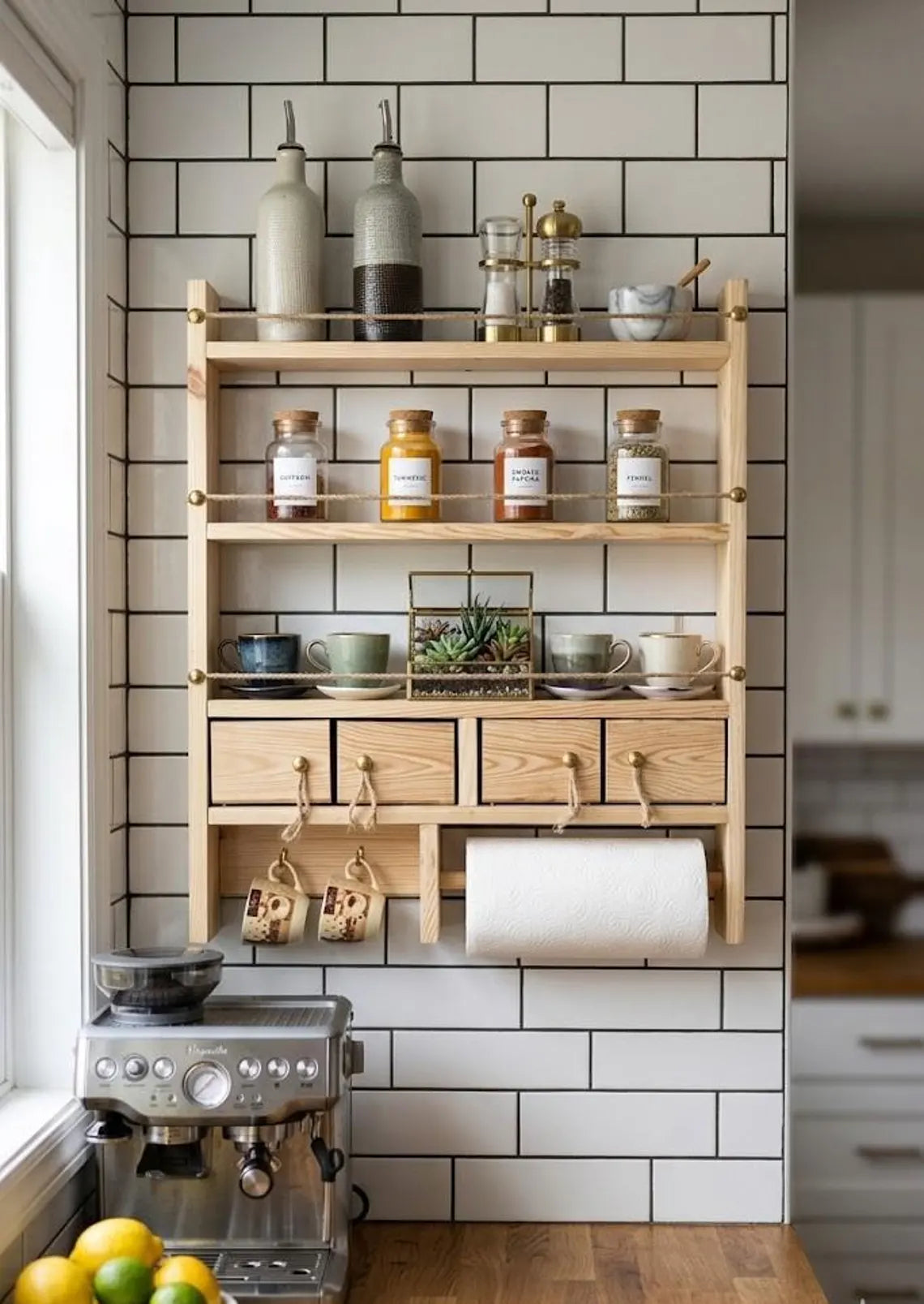 Farmhouse Spice Rack Wall Shelf with Drawers and Mug Holder
