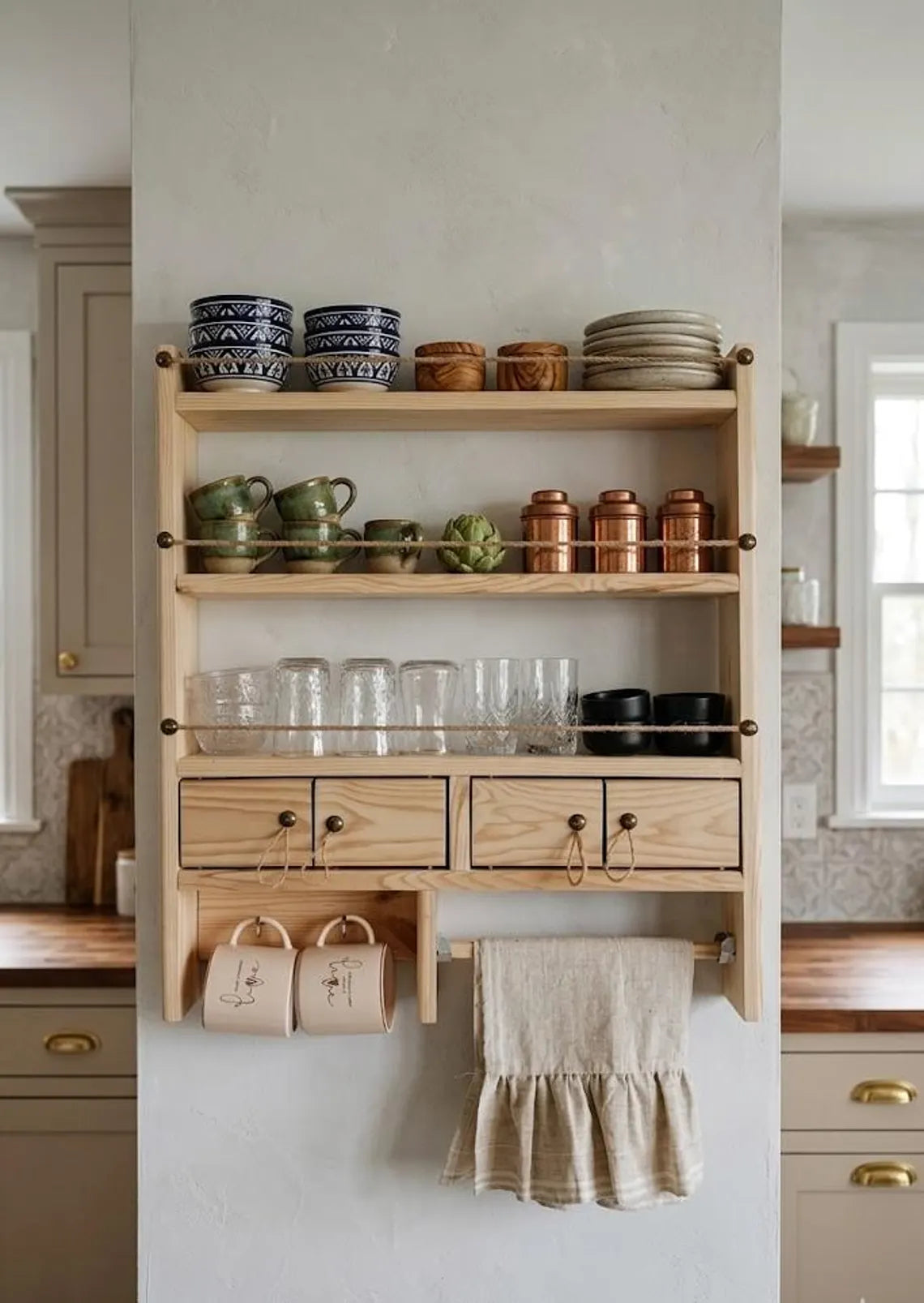 Farmhouse Spice Rack Wall Shelf with Drawers and Mug Holder