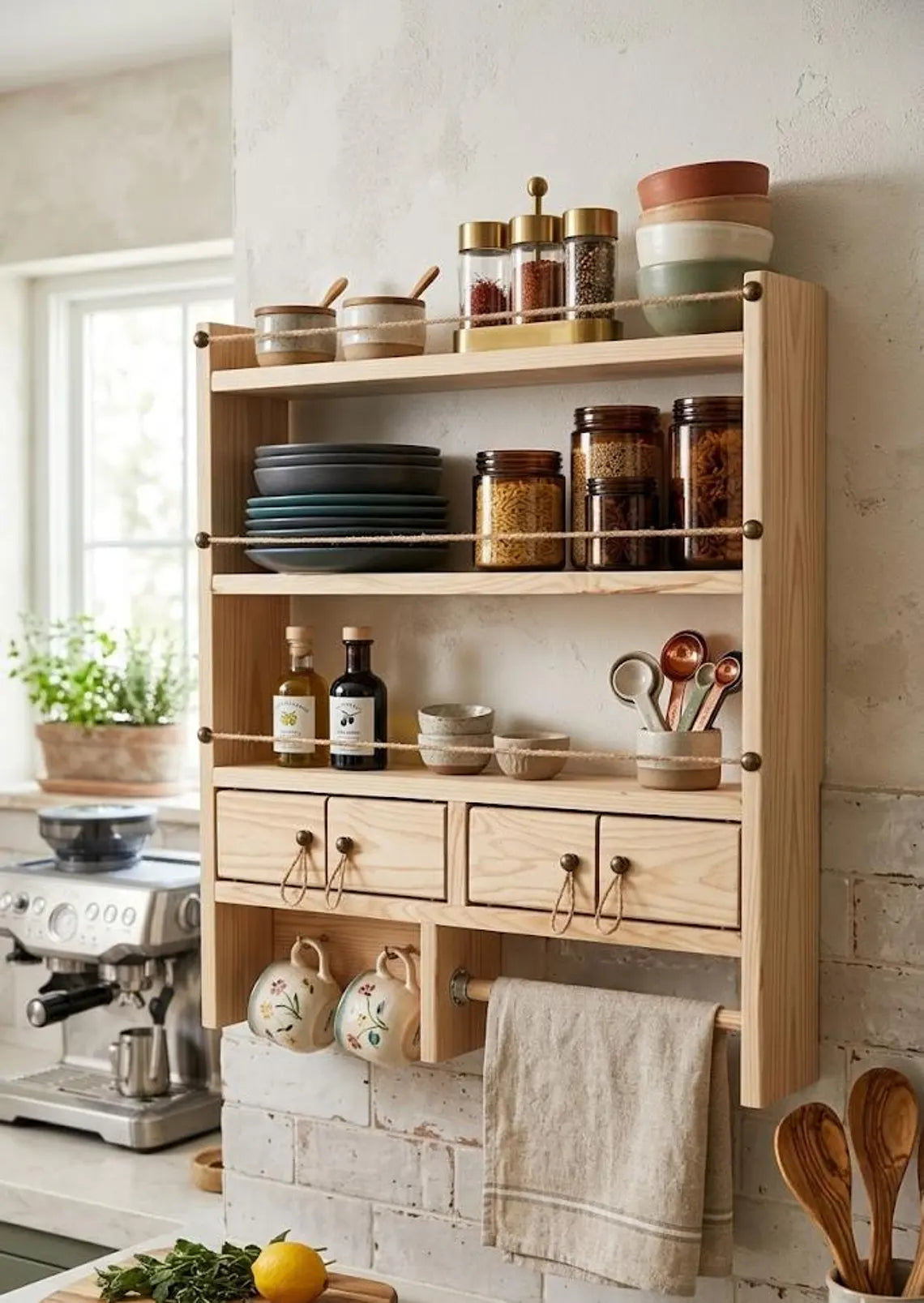 Farmhouse Spice Rack Wall Shelf with Drawers and Mug Holder