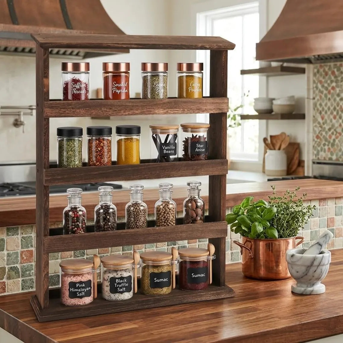 Wooden Spice Organizer, 4 Tier Farmhouse Kitchen Counter Shelf