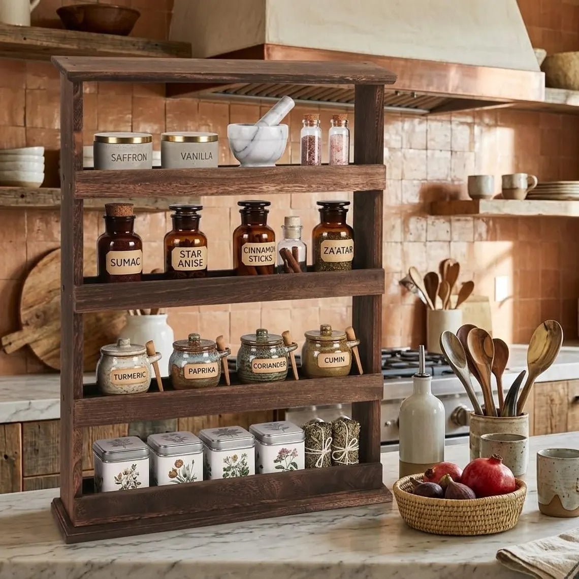 Wooden Spice Organizer, 4 Tier Farmhouse Kitchen Counter Shelf
