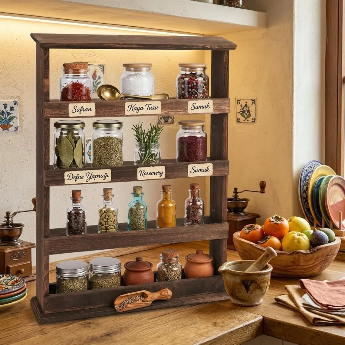 Wooden Spice Organizer, 4 Tier Farmhouse Kitchen Counter Shelf