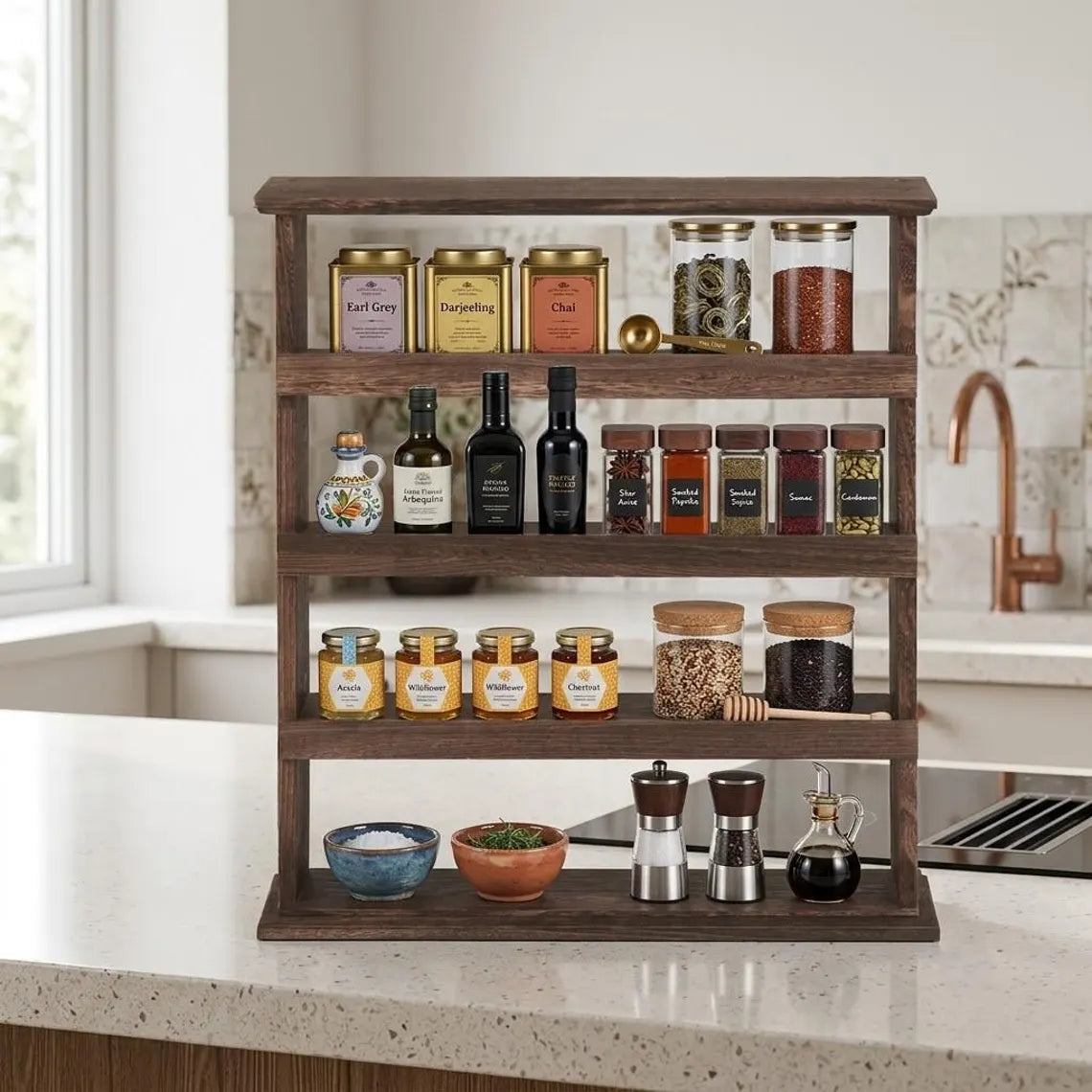 Wooden Spice Organizer, 4 Tier Farmhouse Kitchen Counter Shelf