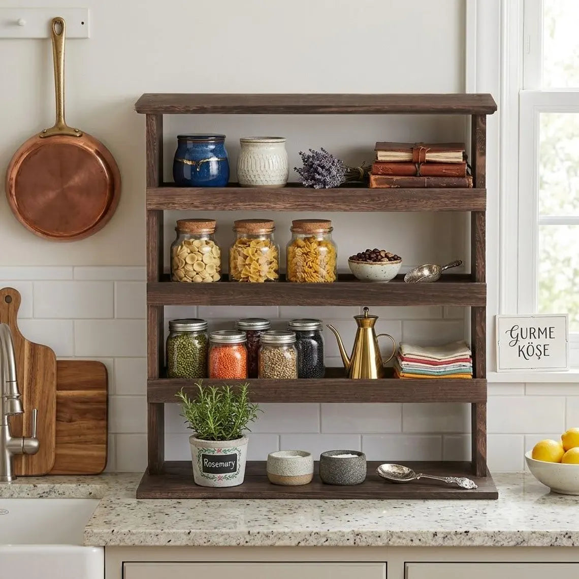 Wooden Spice Organizer, 4 Tier Farmhouse Kitchen Counter Shelf