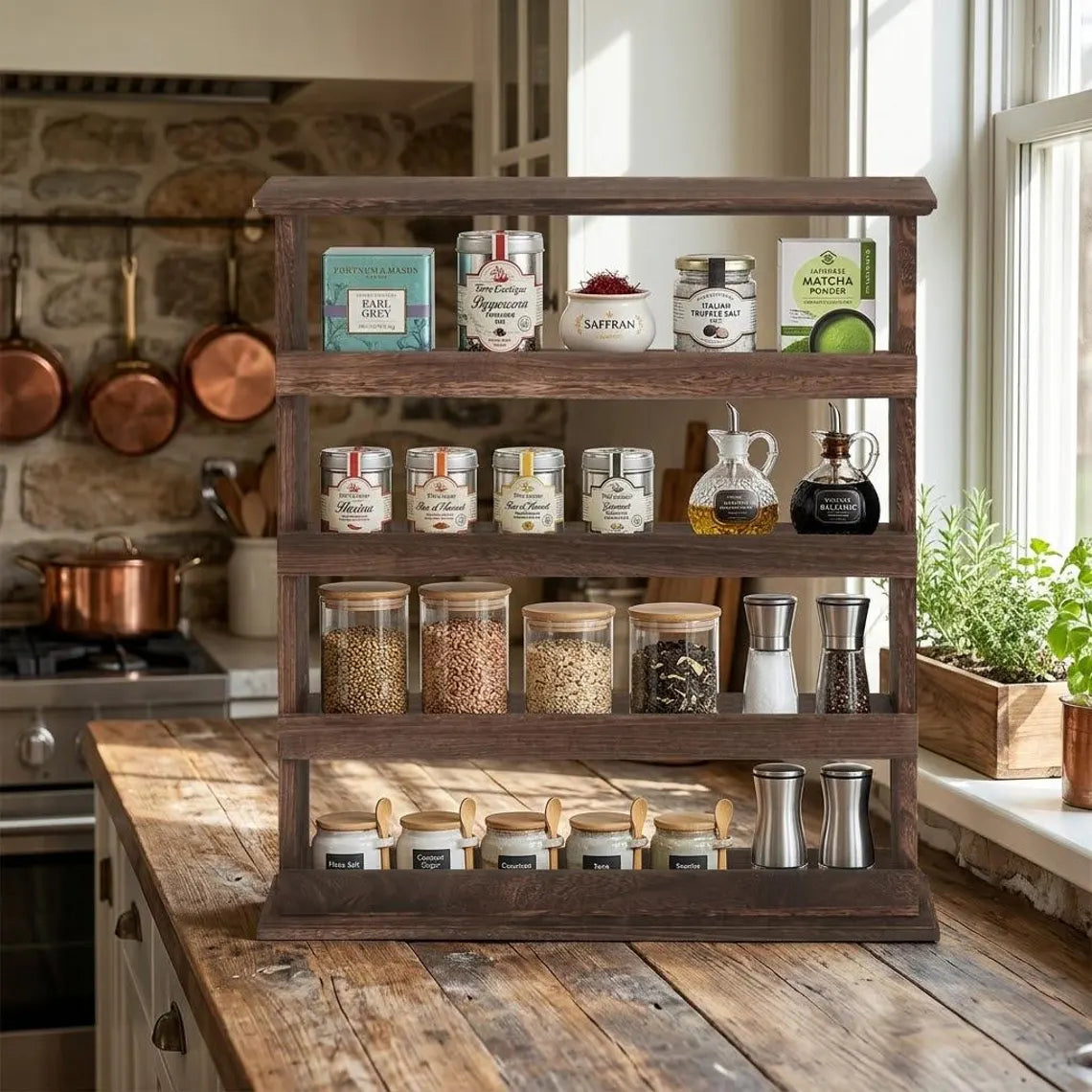 Wooden Spice Organizer, 4 Tier Farmhouse Kitchen Counter Shelf