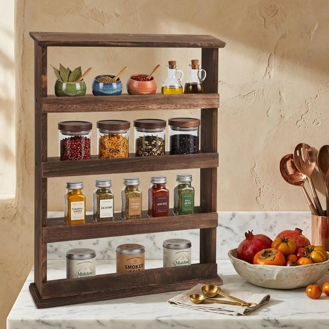 Wooden Spice Organizer, 4 Tier Farmhouse Kitchen Counter Shelf