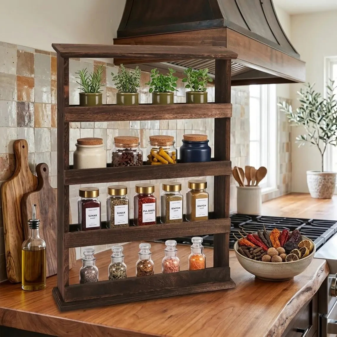 Wooden Spice Organizer, 4 Tier Farmhouse Kitchen Counter Shelf