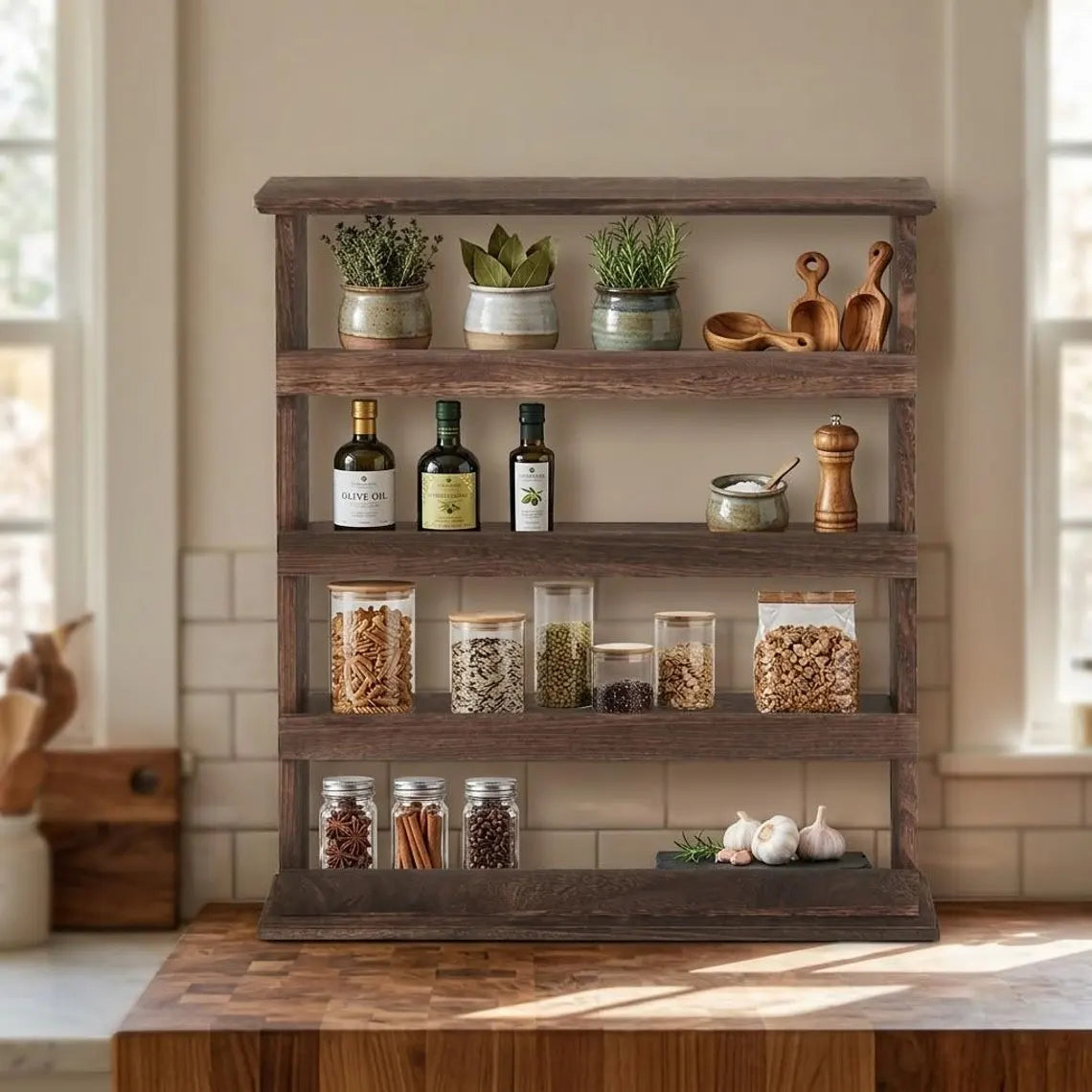 Wooden Spice Organizer, 4 Tier Farmhouse Kitchen Counter Shelf