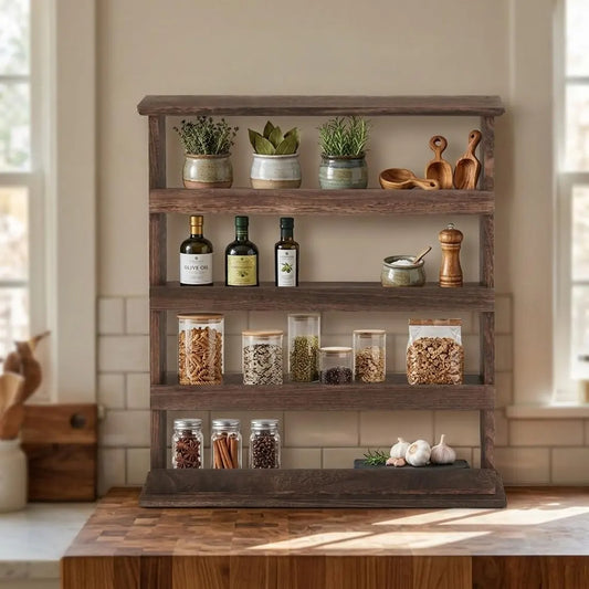Wooden Spice Organizer, 4 Tier Farmhouse Kitchen Counter Shelf