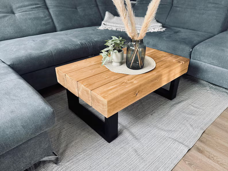 Handcrafted wooden coffee table in oiled oak, living room table, beam construction timber, rustic, country style, industrial, solid wood, upcycled