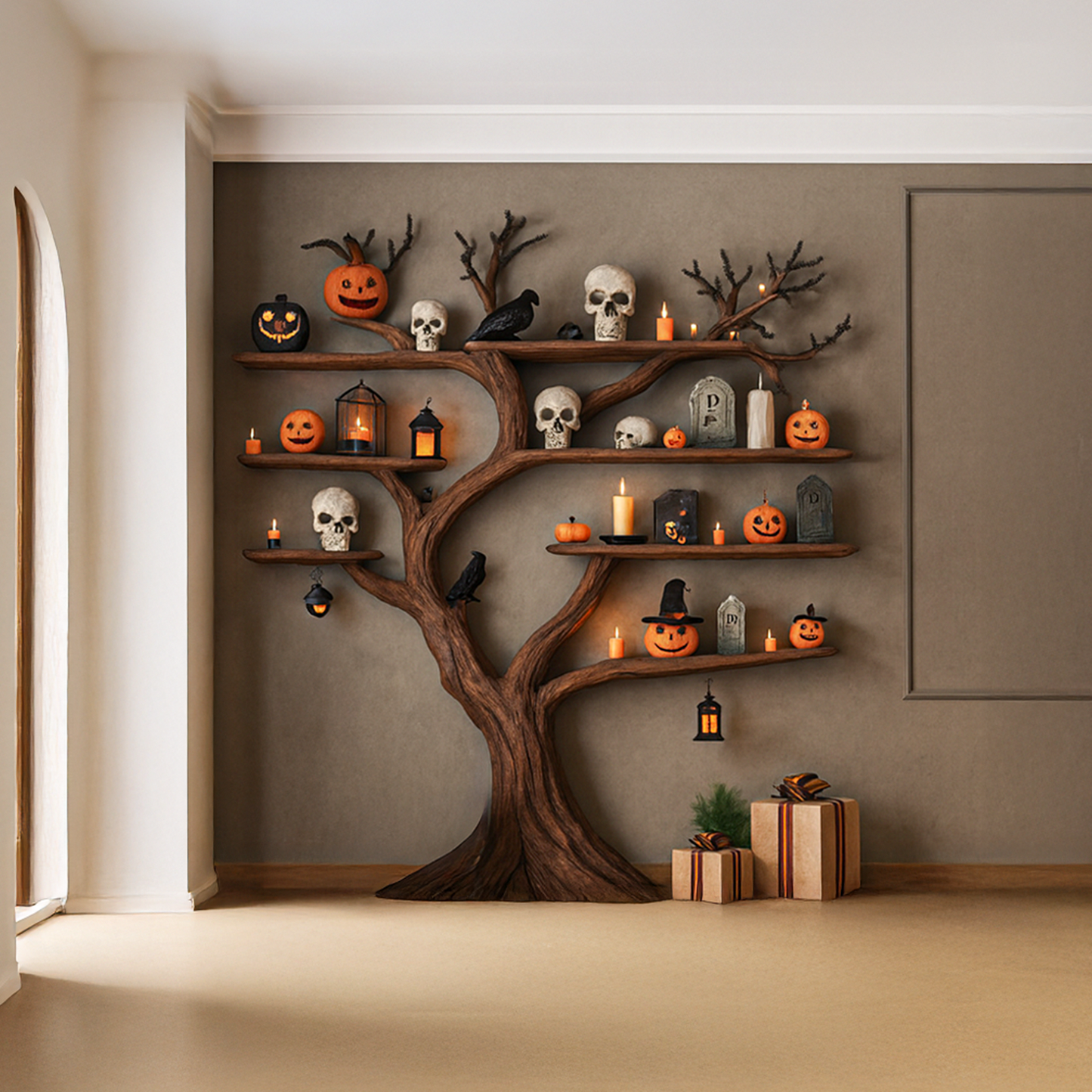 Rustic Tree Bookcase Entryway Halloween